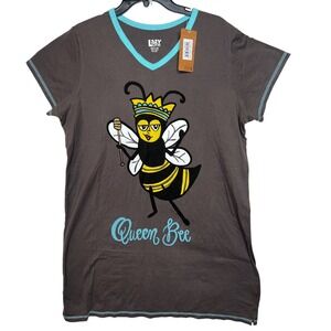 Lazy One Queen Bee V Neck T Shirt Top Womens L XL Gray Cotton Sleepwear